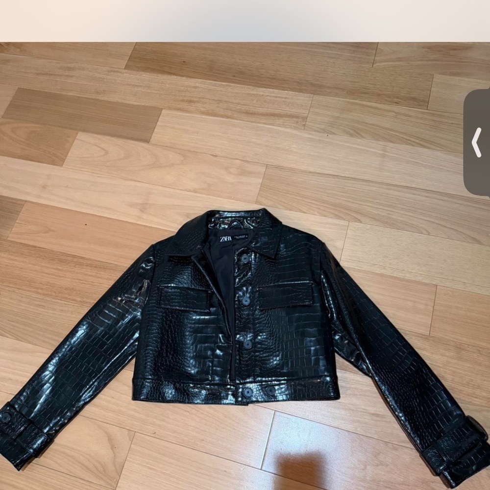 Zara Glossy Black Croc-Embossed Faux Leather Jacket